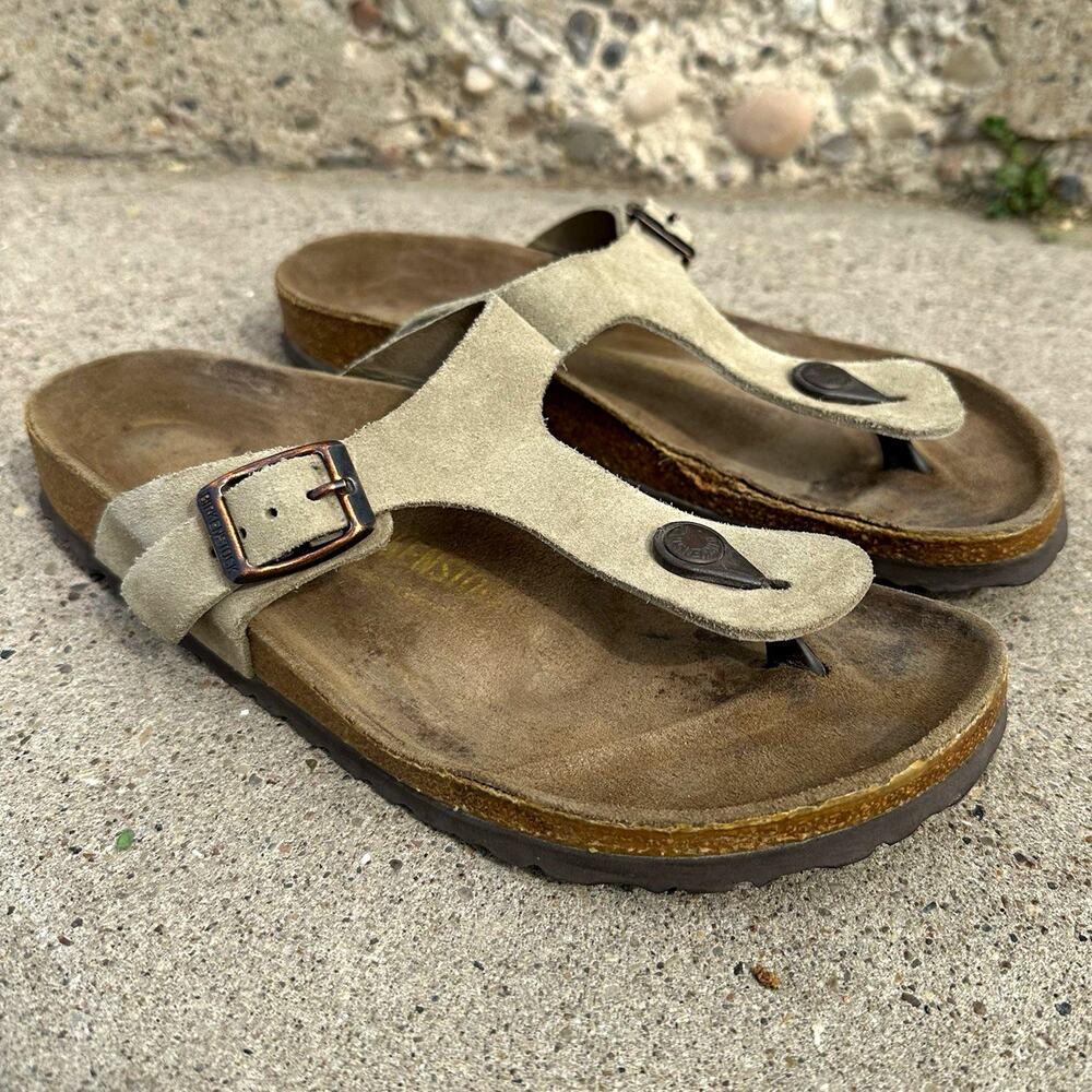 Birkenstock Gizeh Sandals 39 L8 M6 Taupe Suede Thong Cork Made Germany